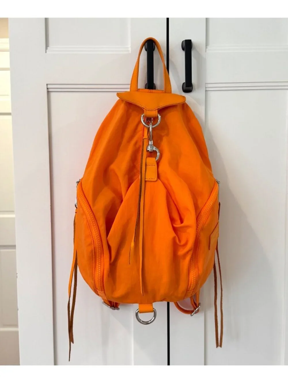 Rebecca Minkoff Orange Julian Nylon Backpack Purse with Fringe Pulls
